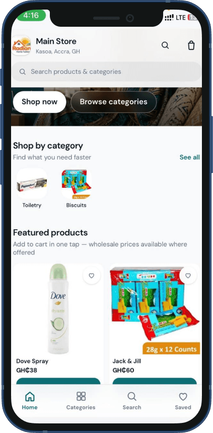 Stockdey online store showing categories, featured products, and card or MoMo checkout